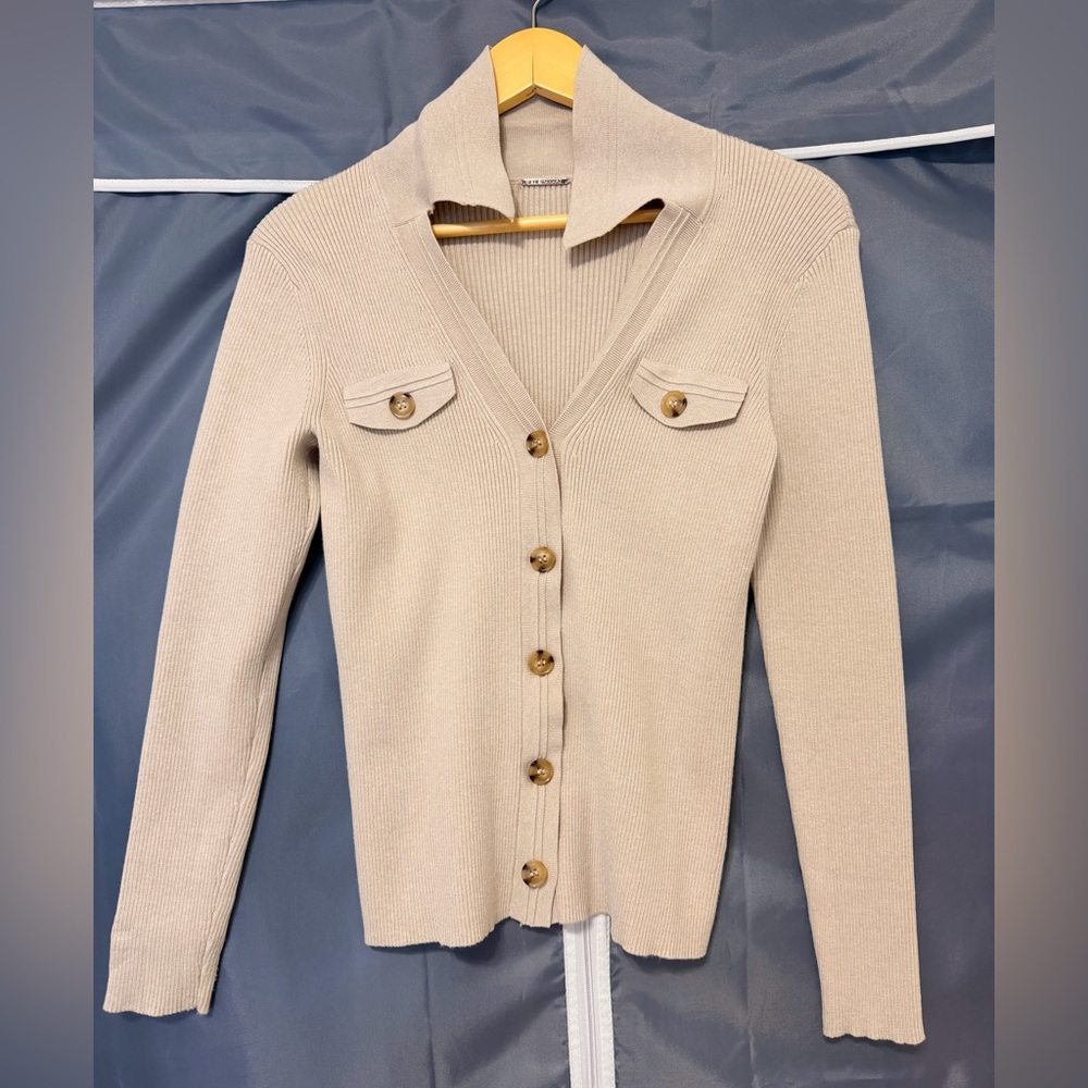 Elie Tahari Beige Rib Knit V-Neck Button Front Cardigan, SZ S